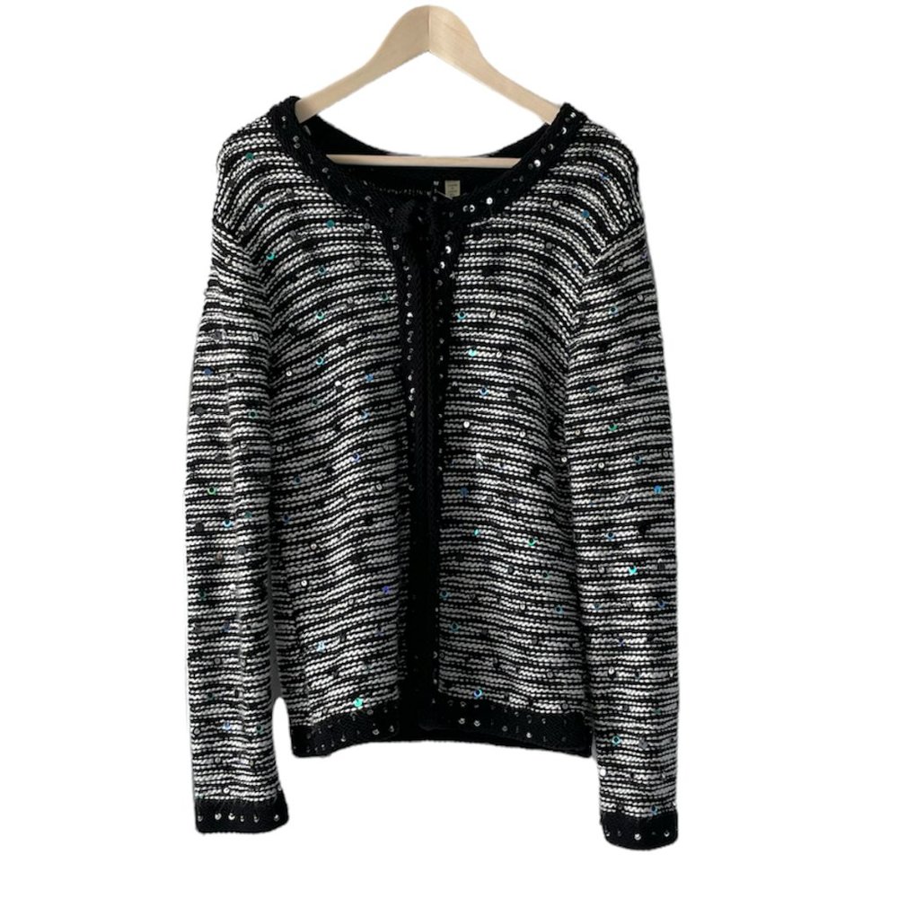Black White Soft Knit Cardigan Sweater Sequins Vintage 90's NWT MTWT 9-5 Size XL